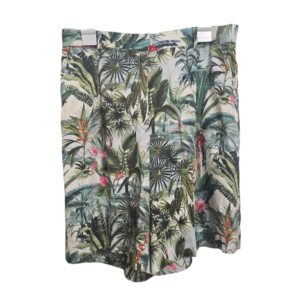 J.McLaughlin Tropical Palm Print Tencel Shorts Green Pink Women Size 8 High Rise